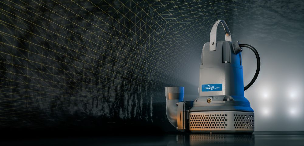 Flygt Bibo Alpha dompelpomp met gebogen persaansluiting en industrieel ontwerp