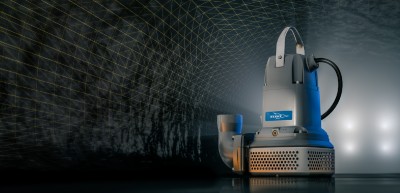 Flygt Bibo Alpha dompelpomp met gebogen persaansluiting en industrieel ontwerp