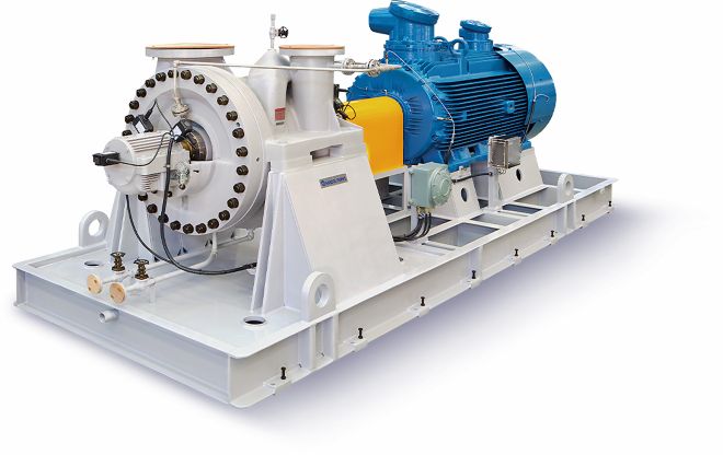 API 610 procespomp voor industriële toepassingen, ontworpen voor hoge prestaties en betrouwbaarheid in de olie- en gasindustrie.